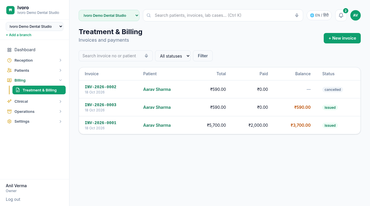 GST invoices with paid, balance and status tracking