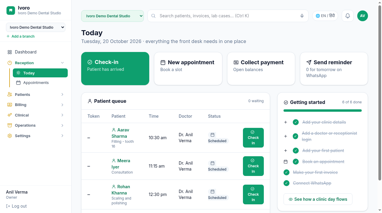 Reception Today view with check-in, appointment and payment actions