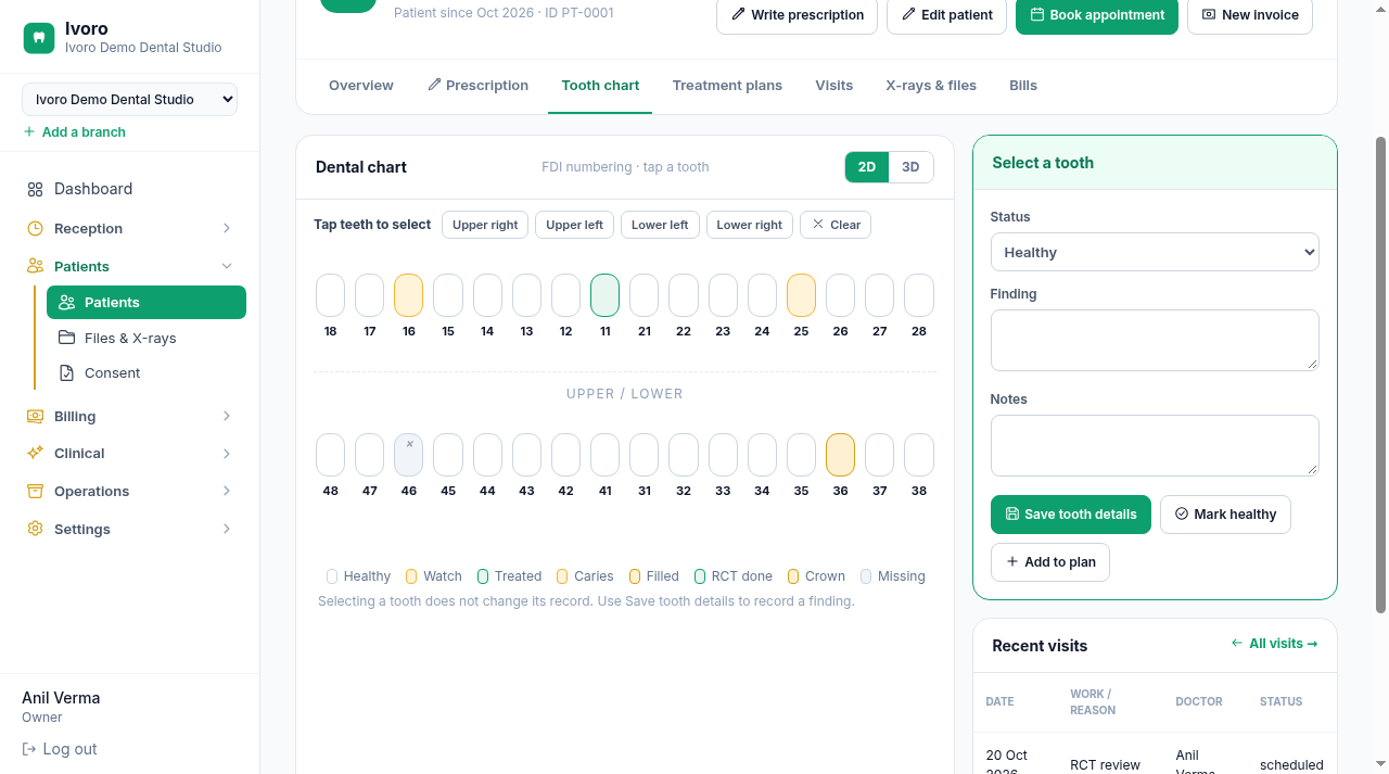 Patient profile with interactive 32-tooth dental chart