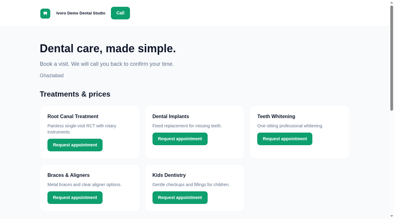 Free clinic website with treatments and request-appointment buttons